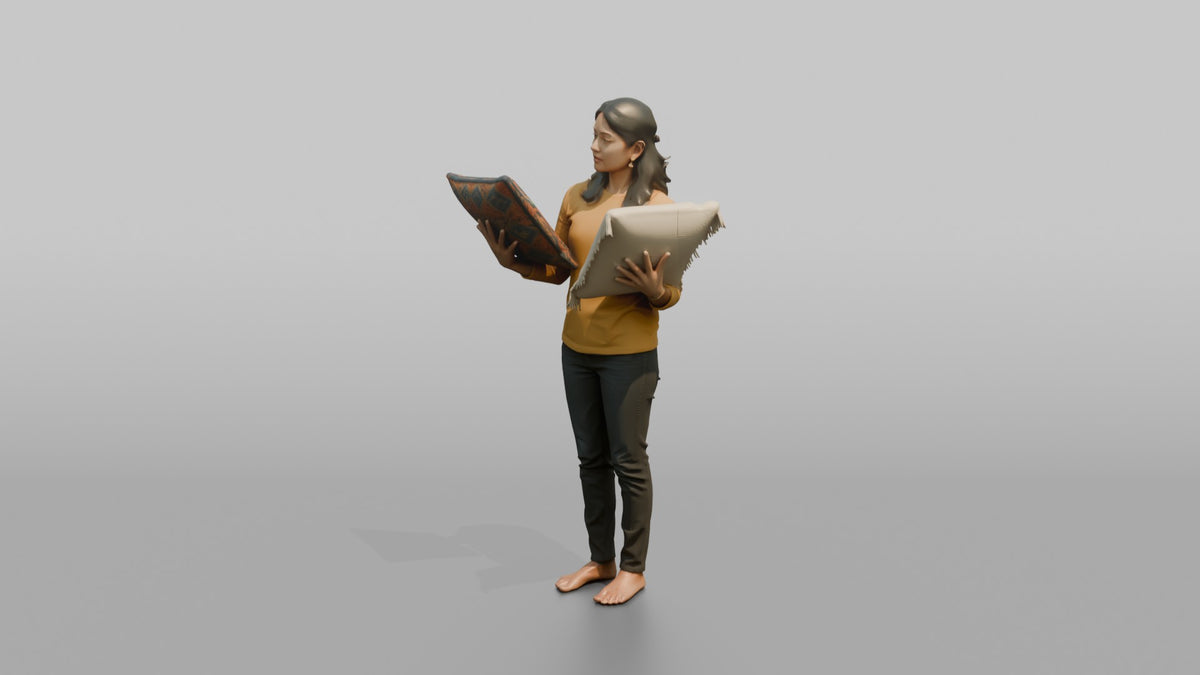 Woman Customer Comparing Two Throw Pillows Side By Side - 3D character model, view 4