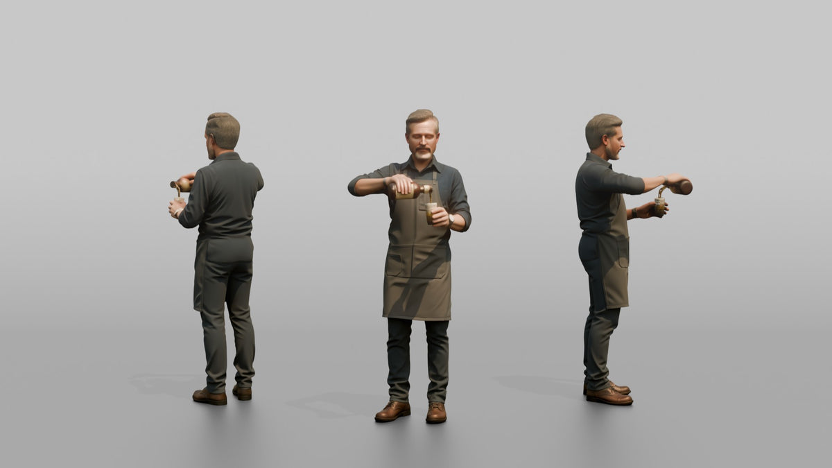 Bartender Man Pouring A Drink From A Bottle Into A Glass - 3D character model, view 1