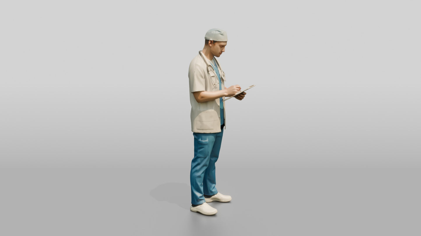 Young White Man Doctor Writing on Clipboard