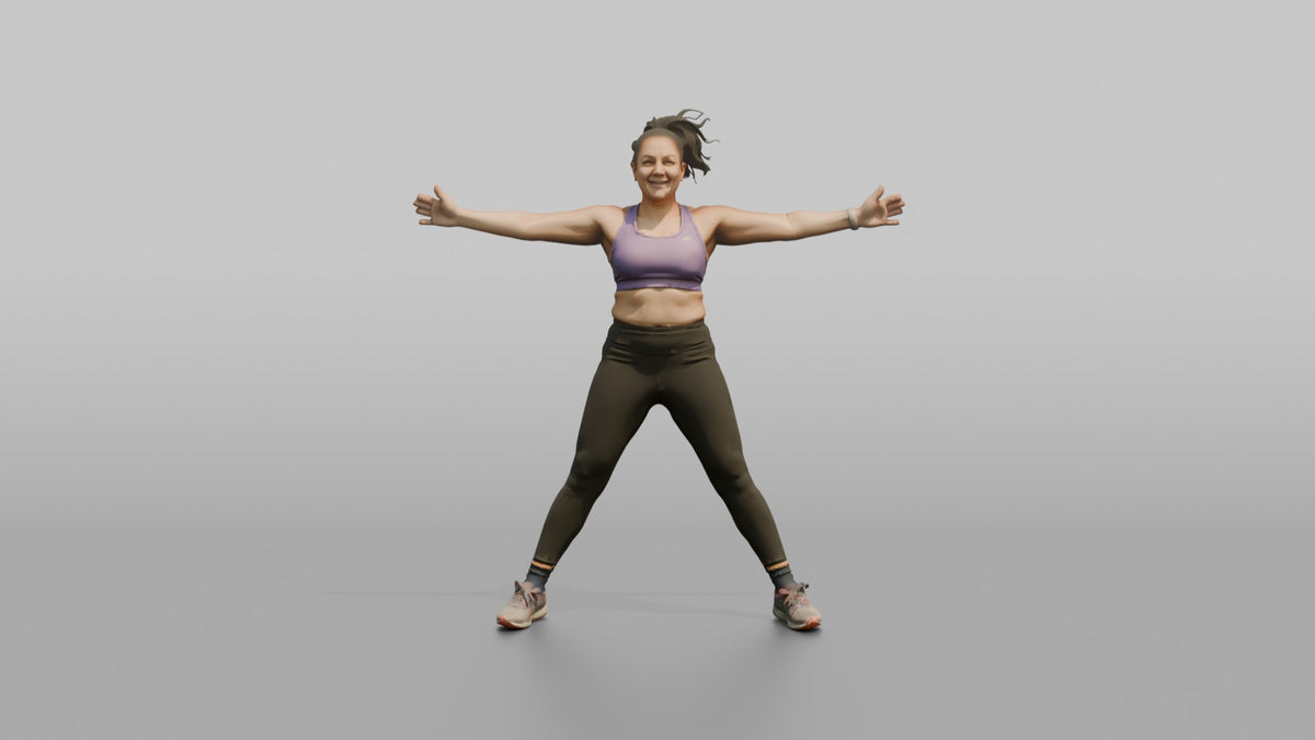 Cardio Athlete Woman Mid-jumping-jack, Arms Out To The Sides - 3D character model, view 5