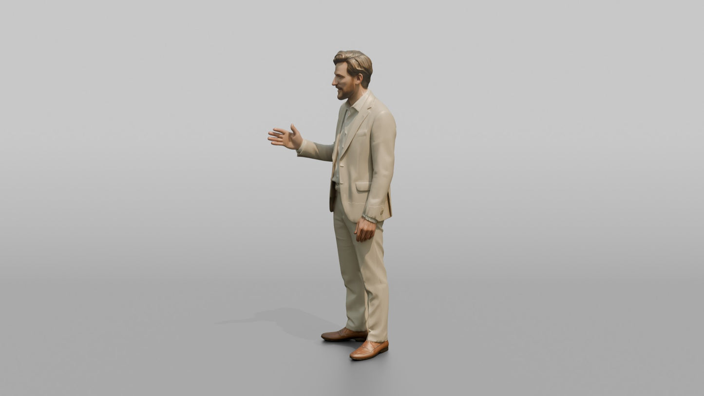 European Man in a Linen Suit, Gesturing Mid-Conversation