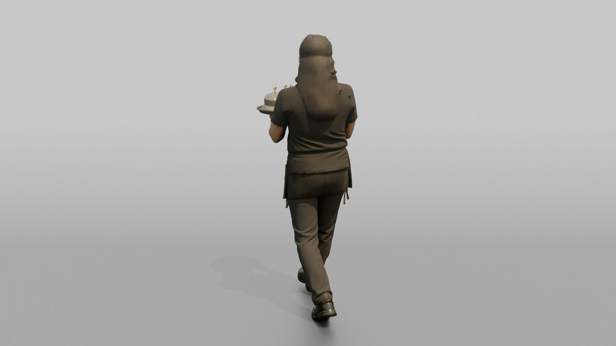 Server Woman Carrying A Tray With A Birthday Cake - 3D character model, view 3