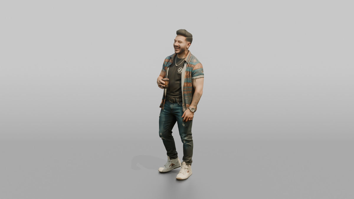 Patron Man Wearing Colorful Streetwear Layers, Mid-laugh, Holding A Drink - 3D character model, view 4