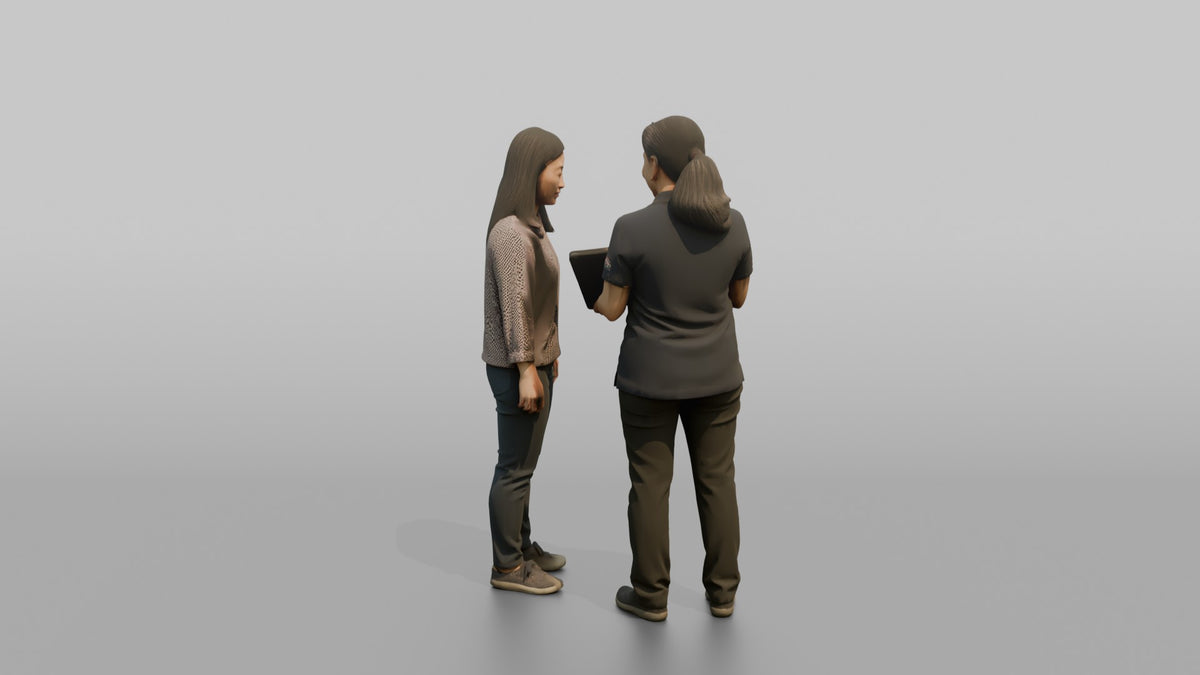 Woman Sales Associate Helping A Customer Locate An Item On A Tablet - 3D character model, view 3