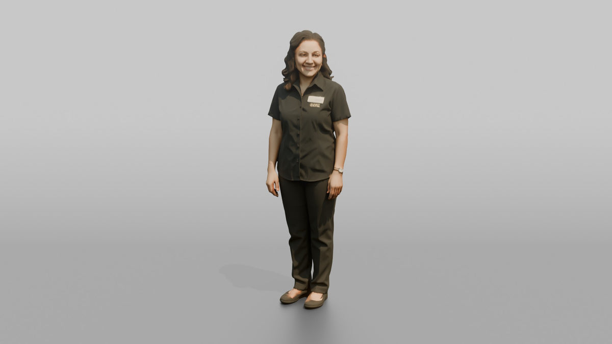 Host Woman Standing With A Warm Welcoming Smile, Arms At Sides - 3D character model, view 5