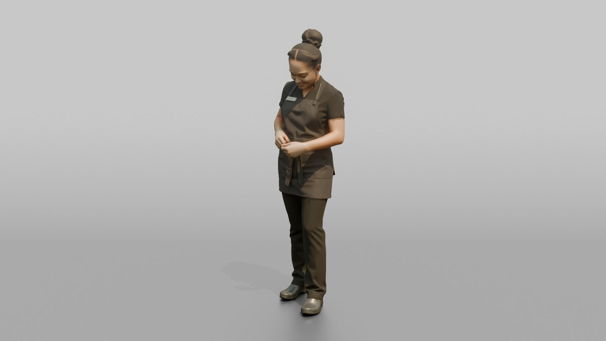 Massage Therapist Woman Adjusting A Spa Apron At The Waist - 3D character model, view 4