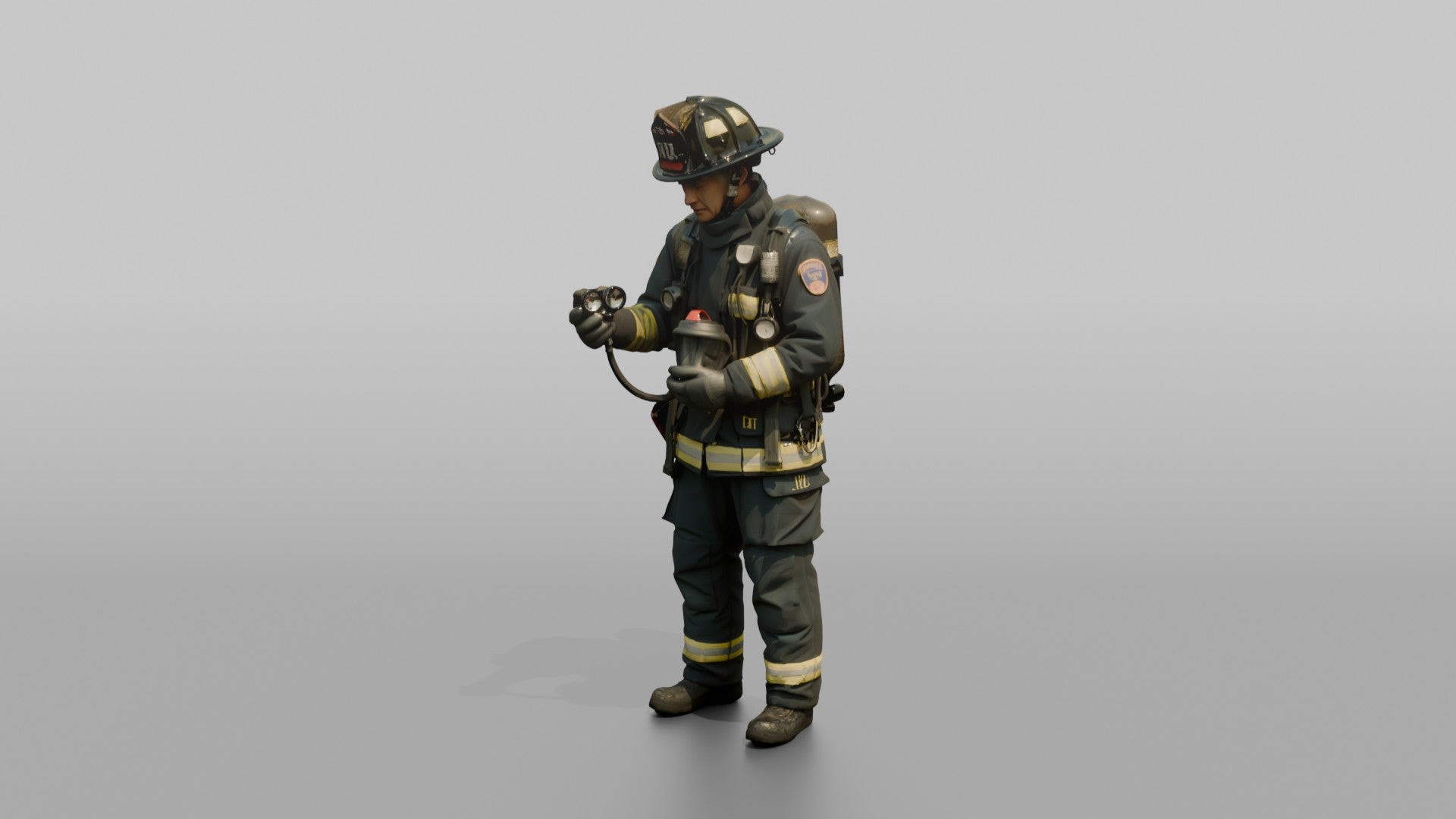 Firefighter Man Checking His Oxygen Gauge Pressures