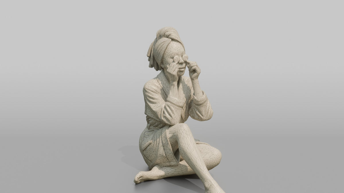 Spa Client Woman Sitting With Cucumber Slices Held Over Closed Eyes - wireframe topology preview