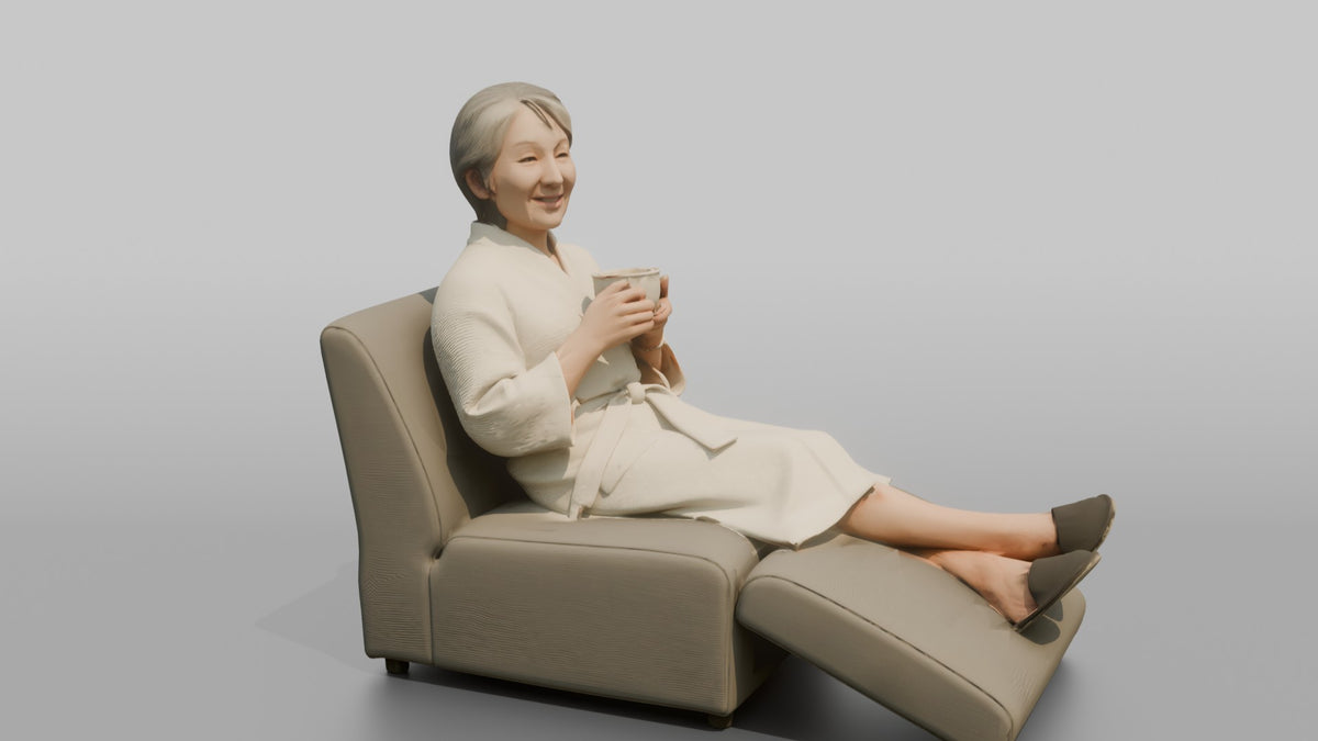 Spa Client Man Sitting On A Lounge Chair In A Robe, Holding A Cup Of Tea - 3D character model, view 2