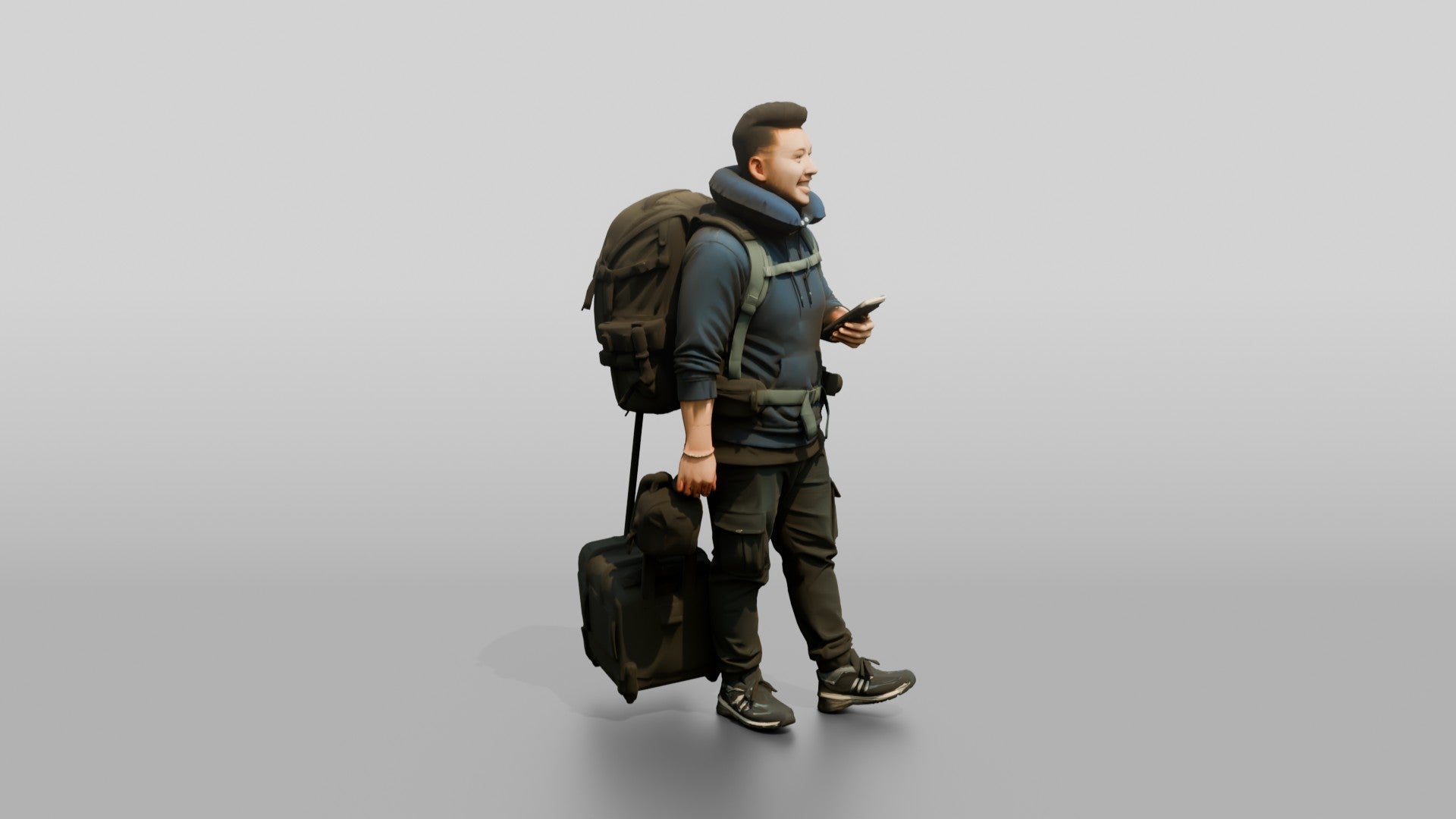 Plus-Size Asian Man with Travel Pillow Backpack and Luggage