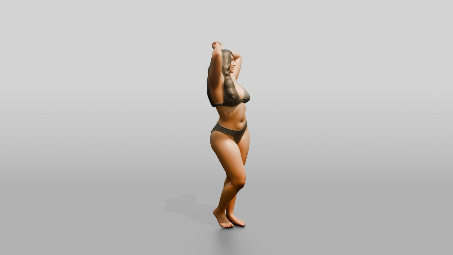 Curvy Woman in Olive Two-Piece Swimsuit Adjusting Her Hair