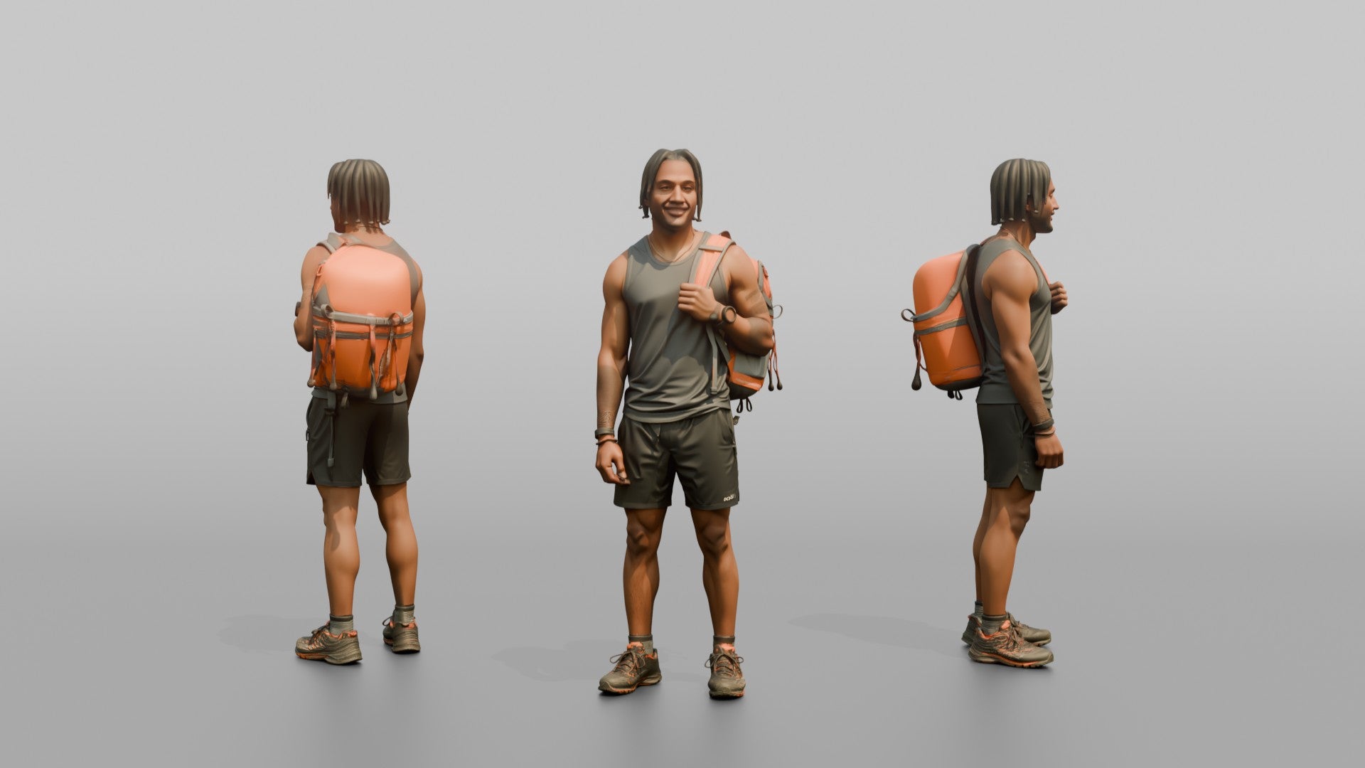 Hiker Slinging a Pack Over One Shoulder