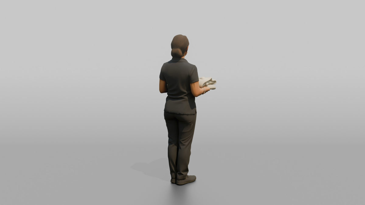 Spa Receptionist Woman Holding A Folded White Spa Robe - 3D character model, view 3