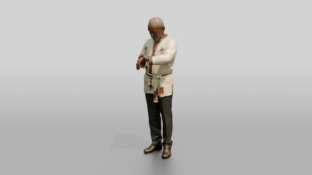 Elderly African Man in an Embroidered Tunic Checking His Watch