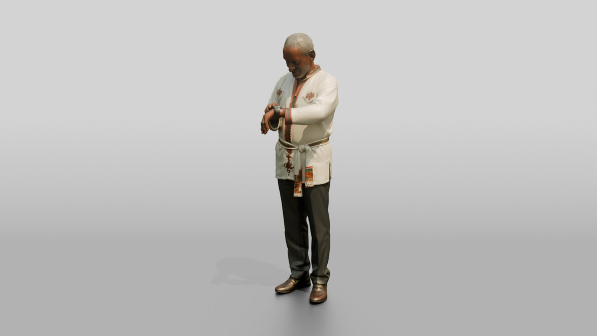 Elderly African Man in an Embroidered Tunic Checking His Watch - 3D character model, view 4