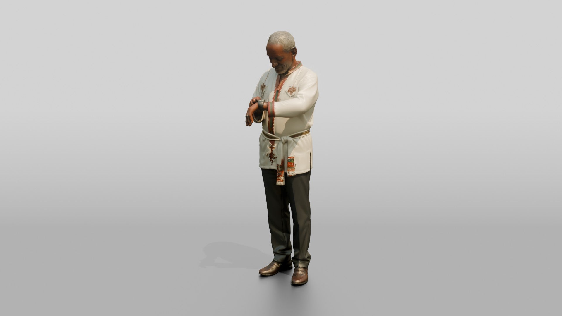 Elderly African Man in an Embroidered Tunic Checking His Watch