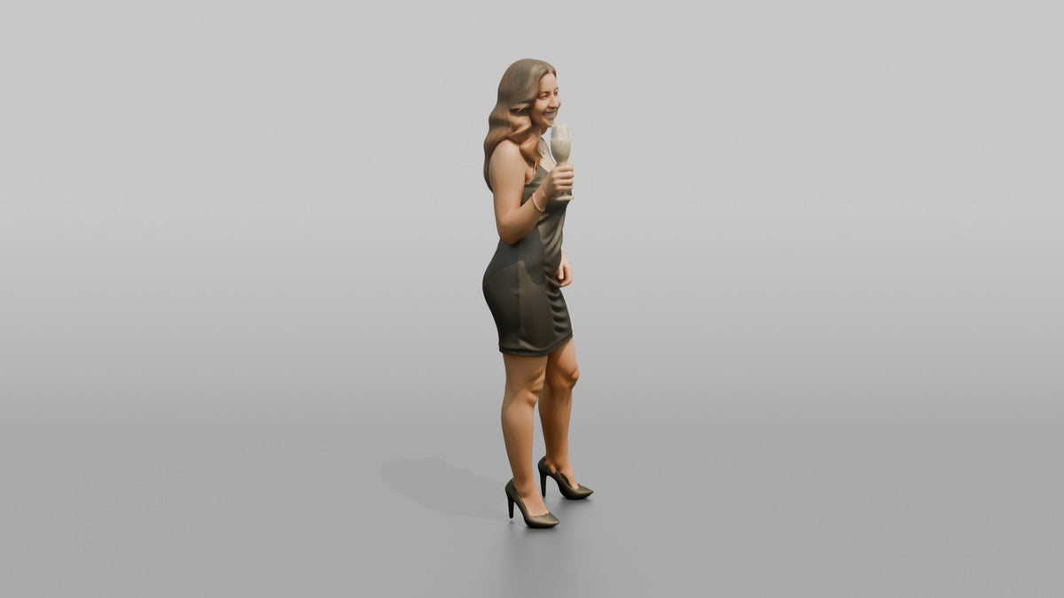 Patron Woman Holding A Champagne Glass, Celebratory Pose - 3D character model, view 2