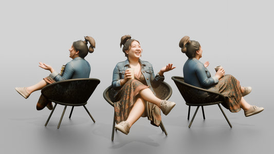 Chinese Woman Laughing While Seated with Coffee - 3D character model