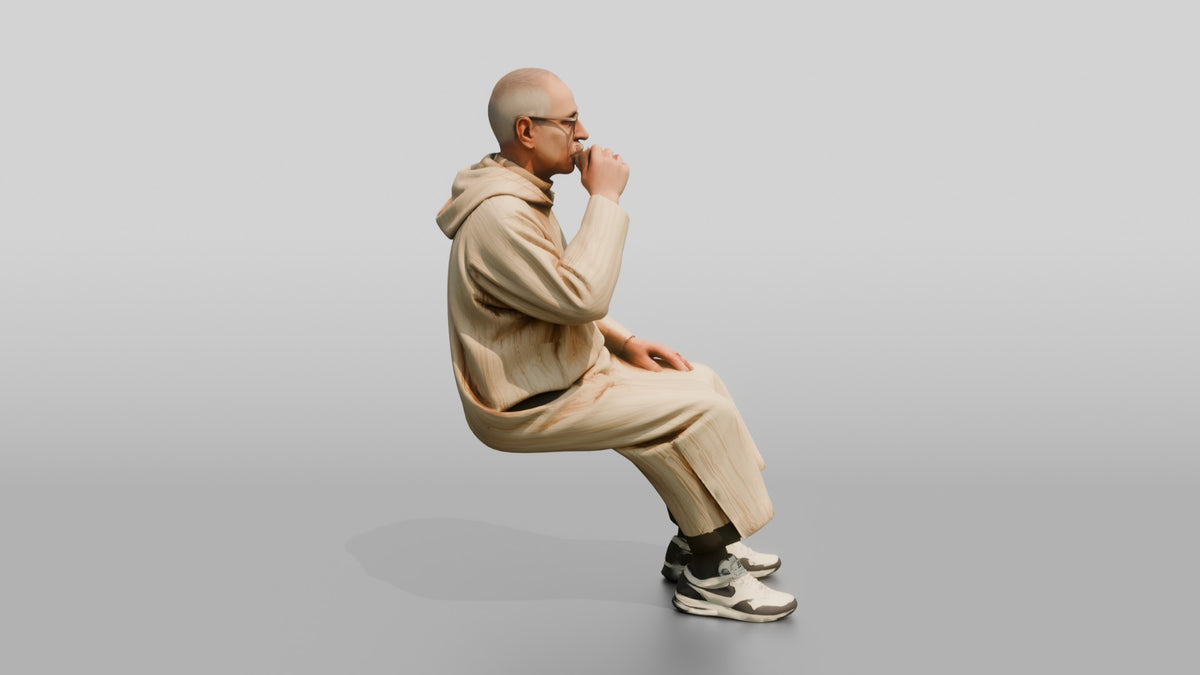 Elderly African Man in a Djellaba Sitting and Drinking Tea - 3D character model, view 2