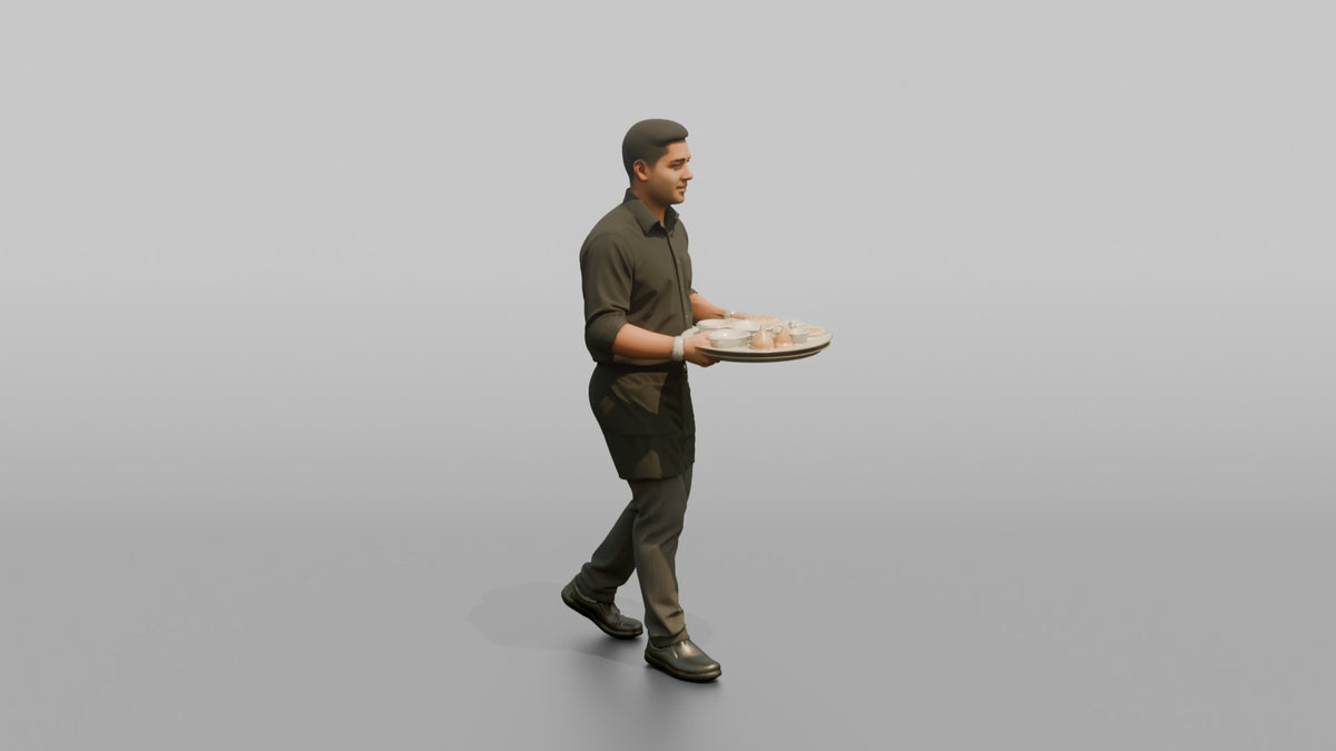 Server Man Holding A Bread Basket With Both Hands - 3D character model, view 2