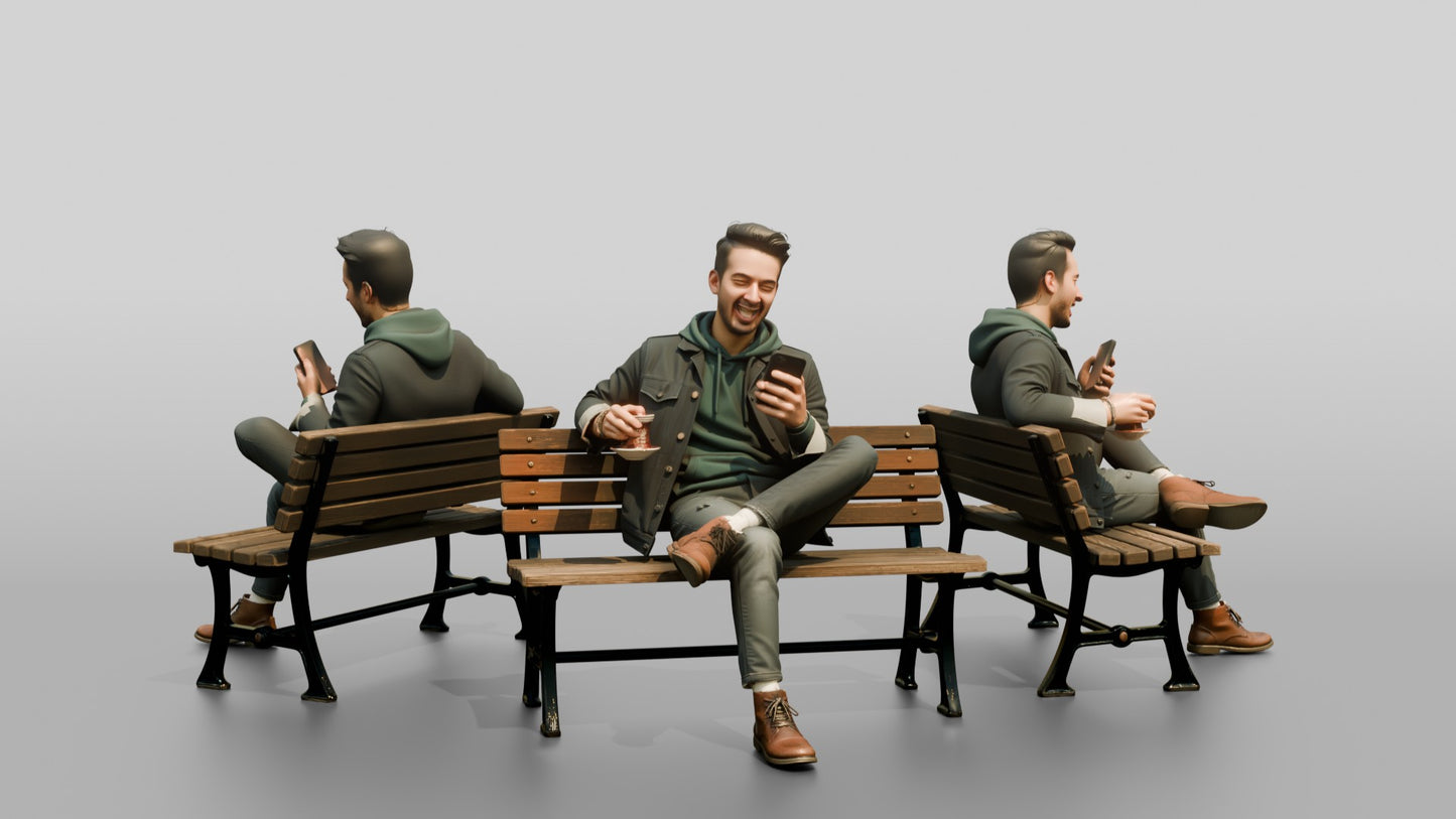 Man Laughing While Texting with Tea