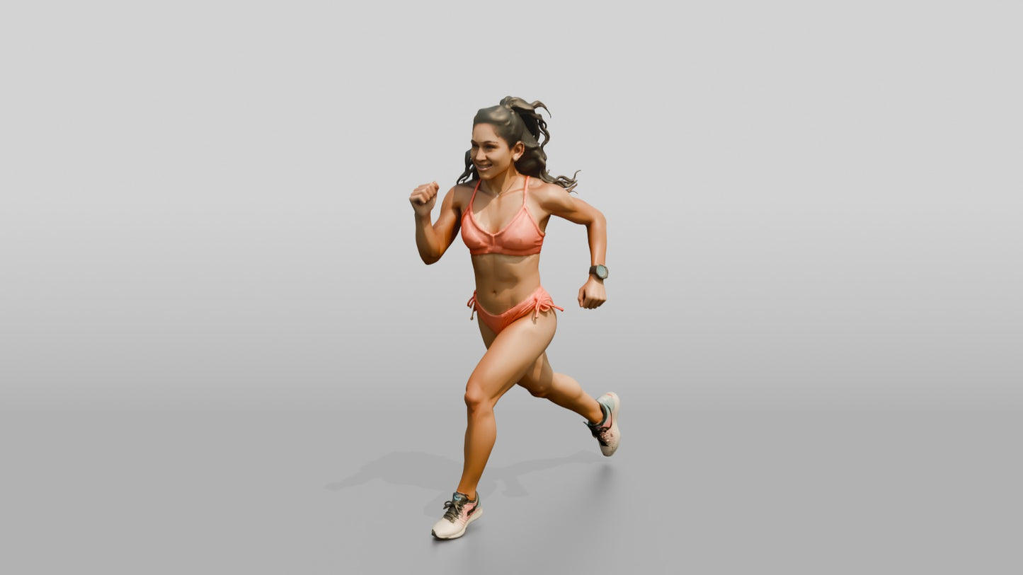 Latina Woman Running in Bold Coral Bikini