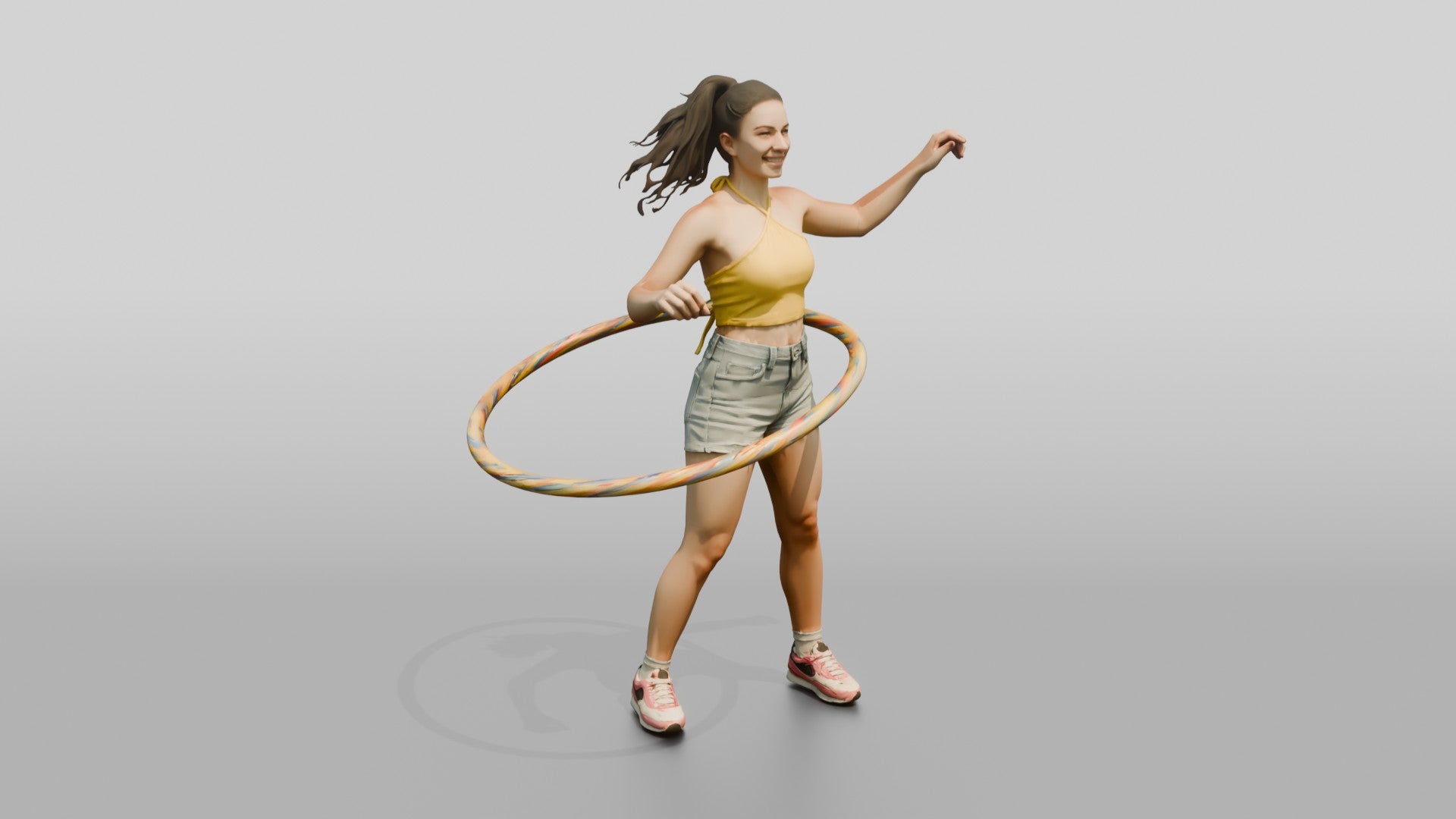 Woman Hula-Hooping in Denim Shorts
