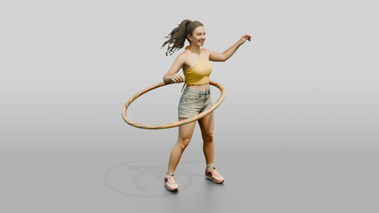 Woman Hula-Hooping in Denim Shorts - 3D character model, view 1