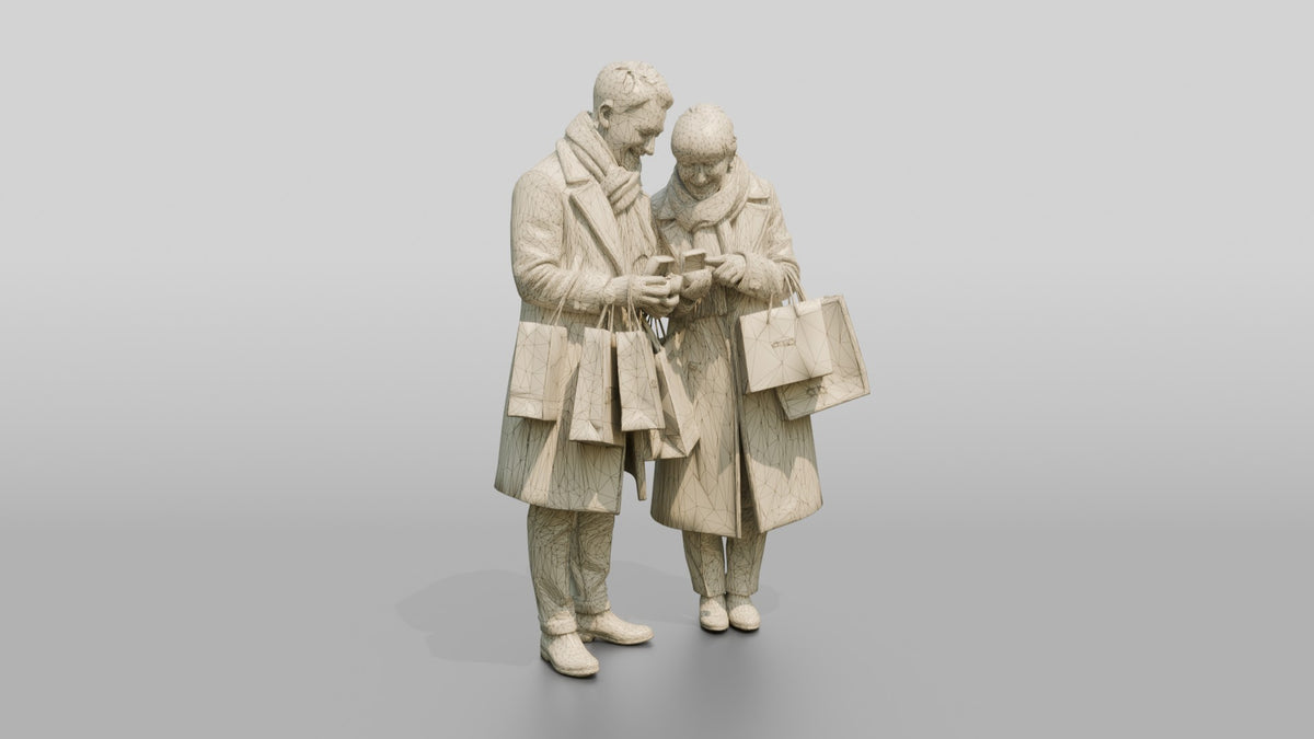 Couple Comparing Jewelry After Shopping - wireframe topology preview