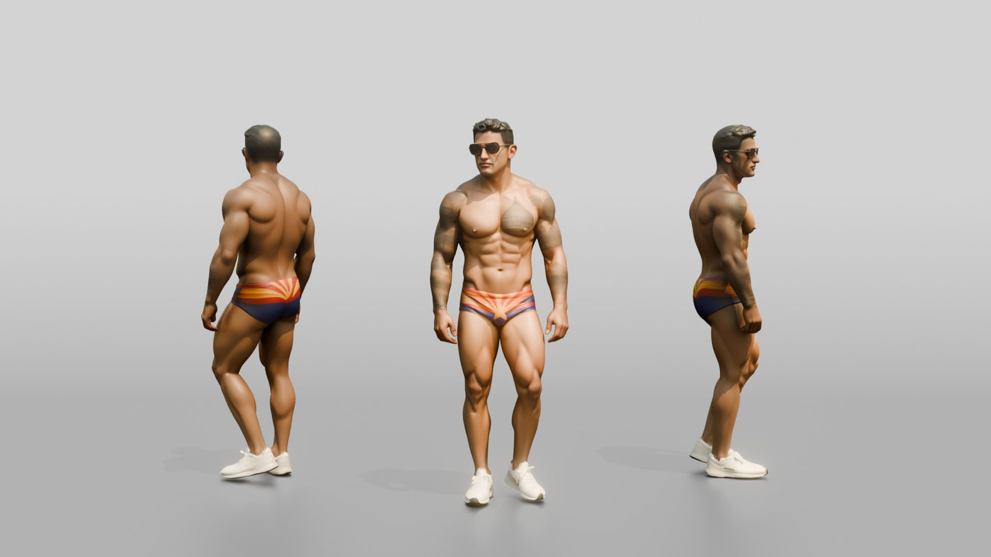 Mestizo Man Running in Sunburst Swim Brief