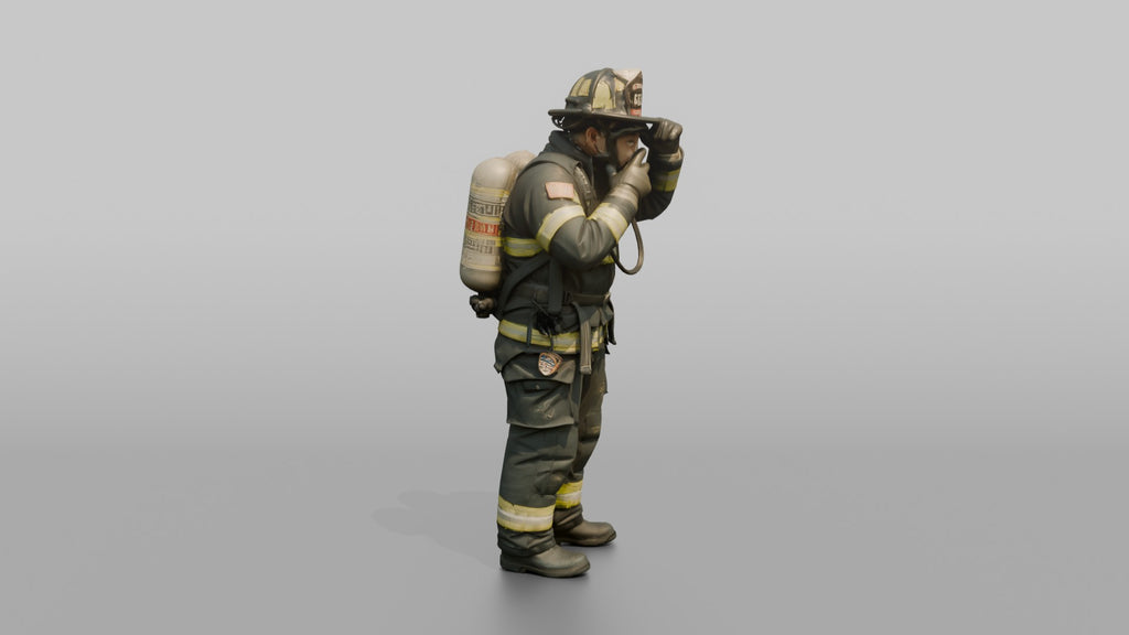 Firefighter Man Securing His Oxygen Mask Over His Face