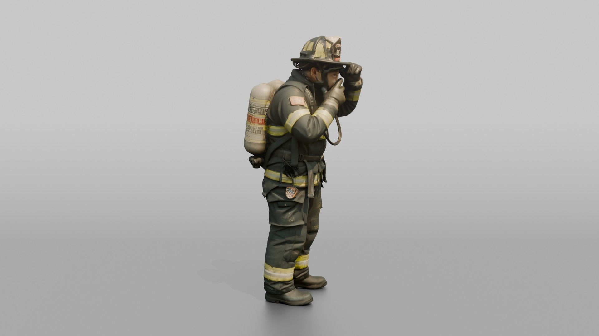 Firefighter Man Securing His Oxygen Mask Over His Face