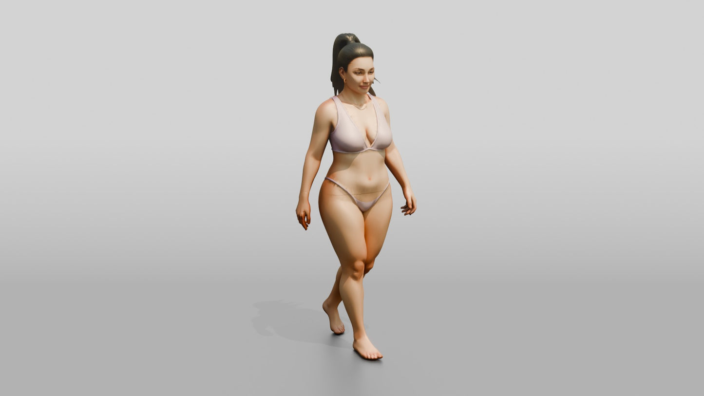 Curvy Woman in Lilac Two-Piece Swimsuit Walking