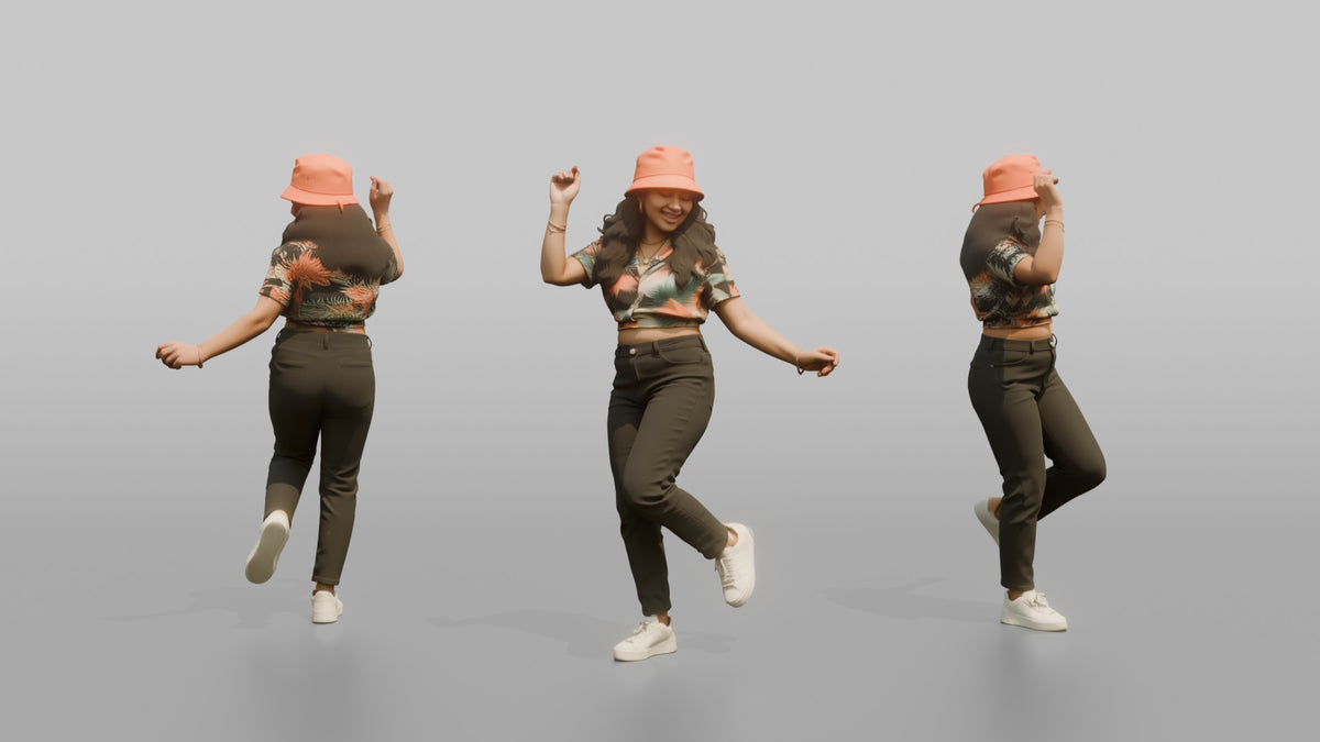 Patron Woman Wearing A Bucket Hat In A Bright Color, Dancing Casually - 3D character model, view 1