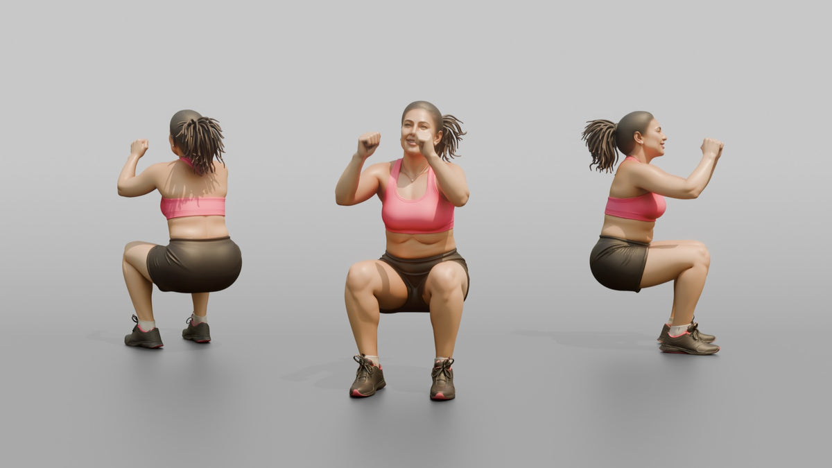 Bodyweight Athlete Woman Mid-air During A Jump Squat - 3D character model, view 1