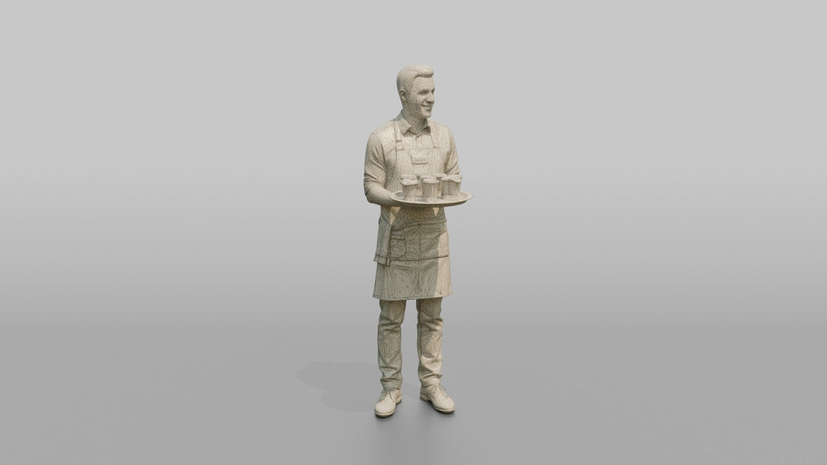 Bartender Man Holding A Tray Of Shot Glasses - wireframe topology preview