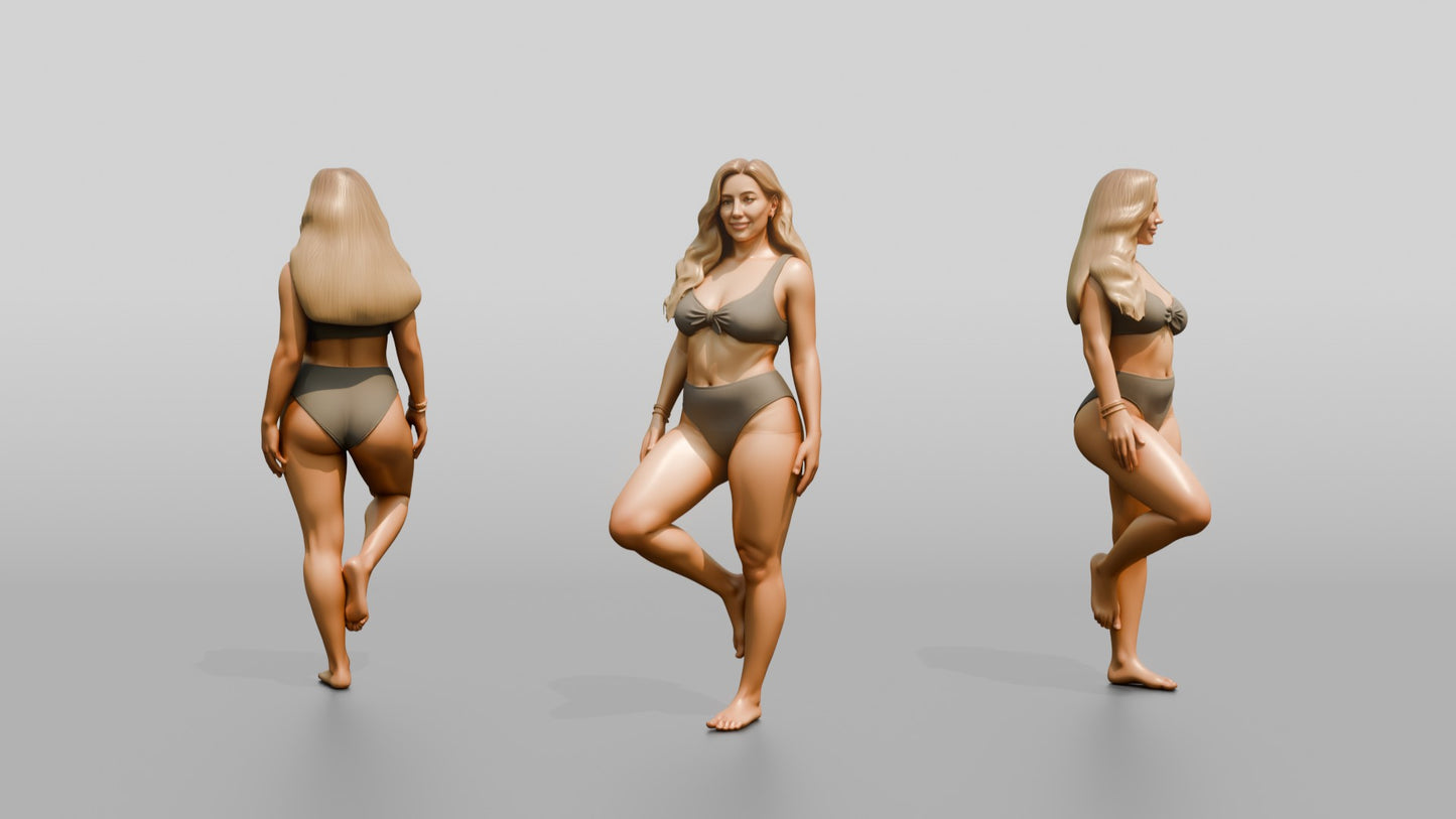 Blonde Curvy Woman in Taupe Two-Piece Swimsuit Tree Pose