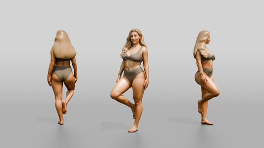 Blonde Curvy Woman in Taupe Two-Piece Swimsuit Tree Pose