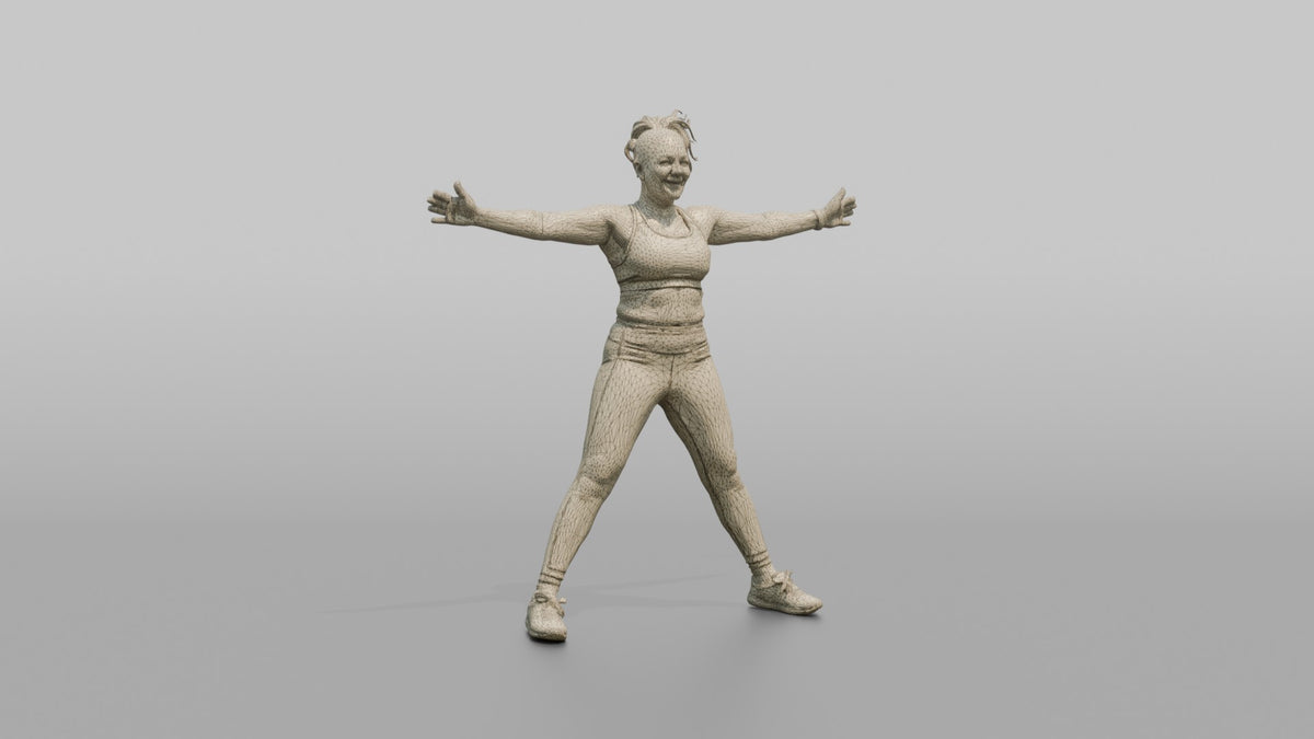 Cardio Athlete Woman Mid-jumping-jack, Arms Out To The Sides - wireframe topology preview