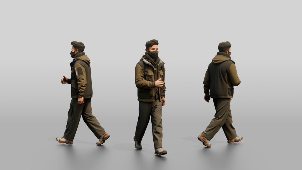 Techwear Man Walking in Layered Jacket