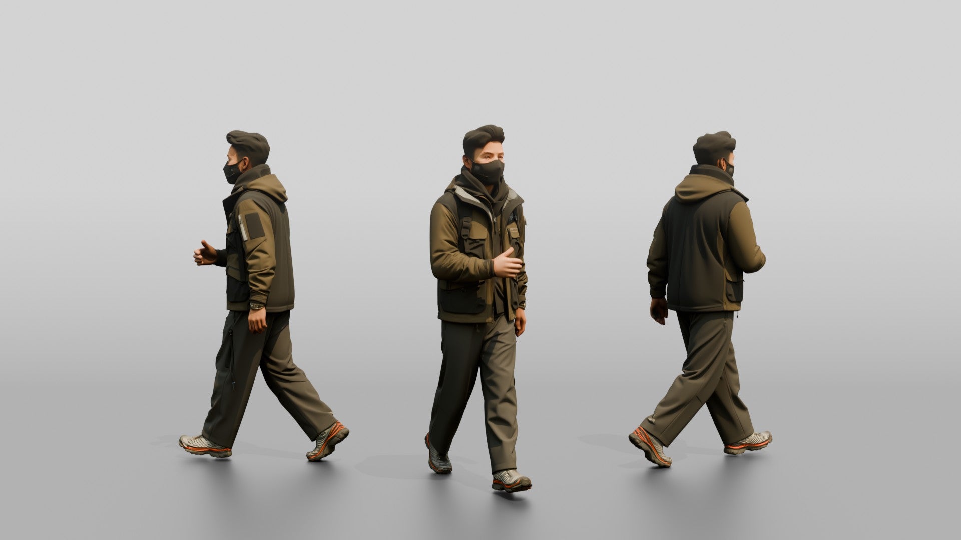Techwear Man Walking in Layered Jacket