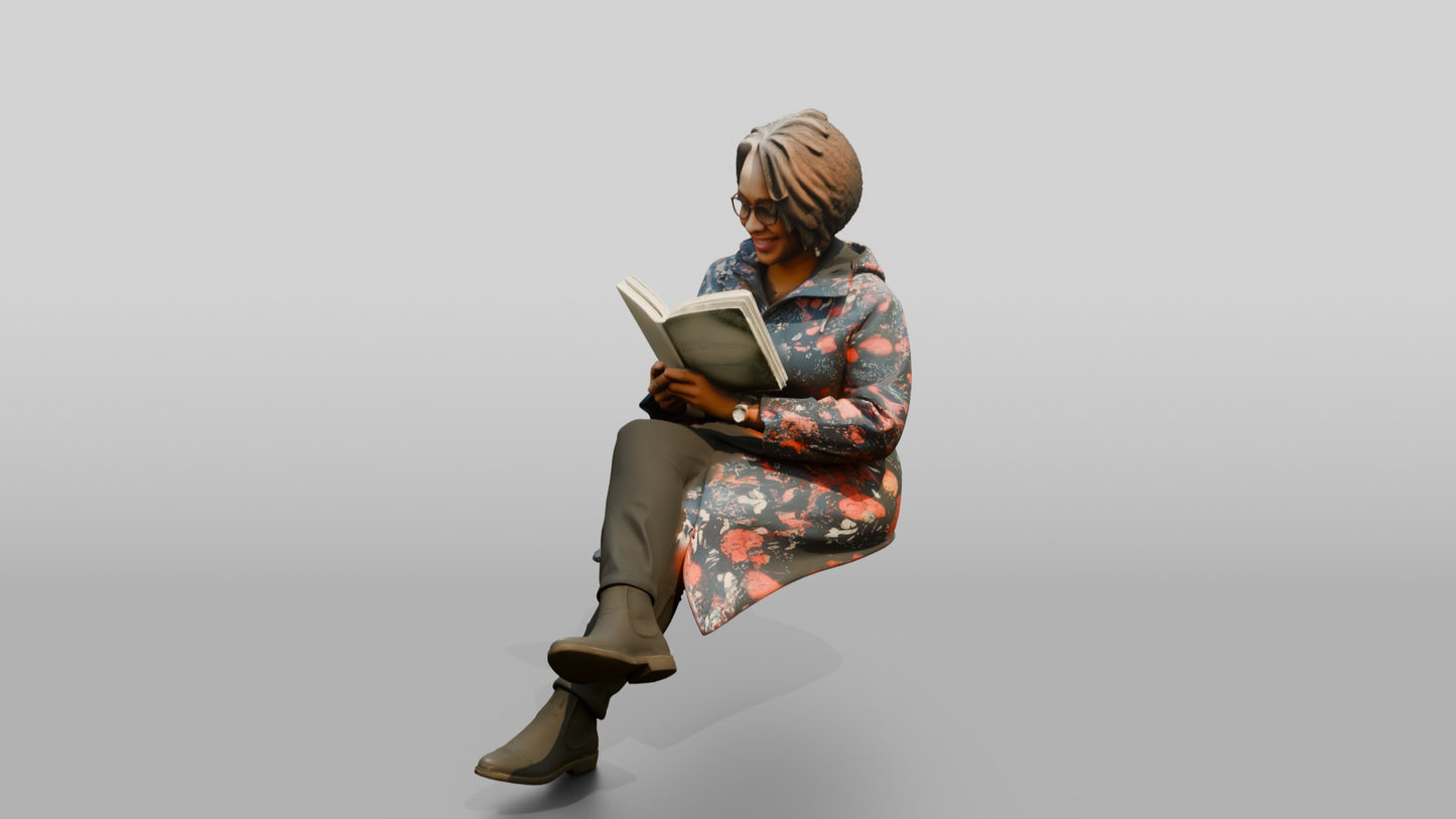 Black Woman Reading a Book in Patterned Raincoat
