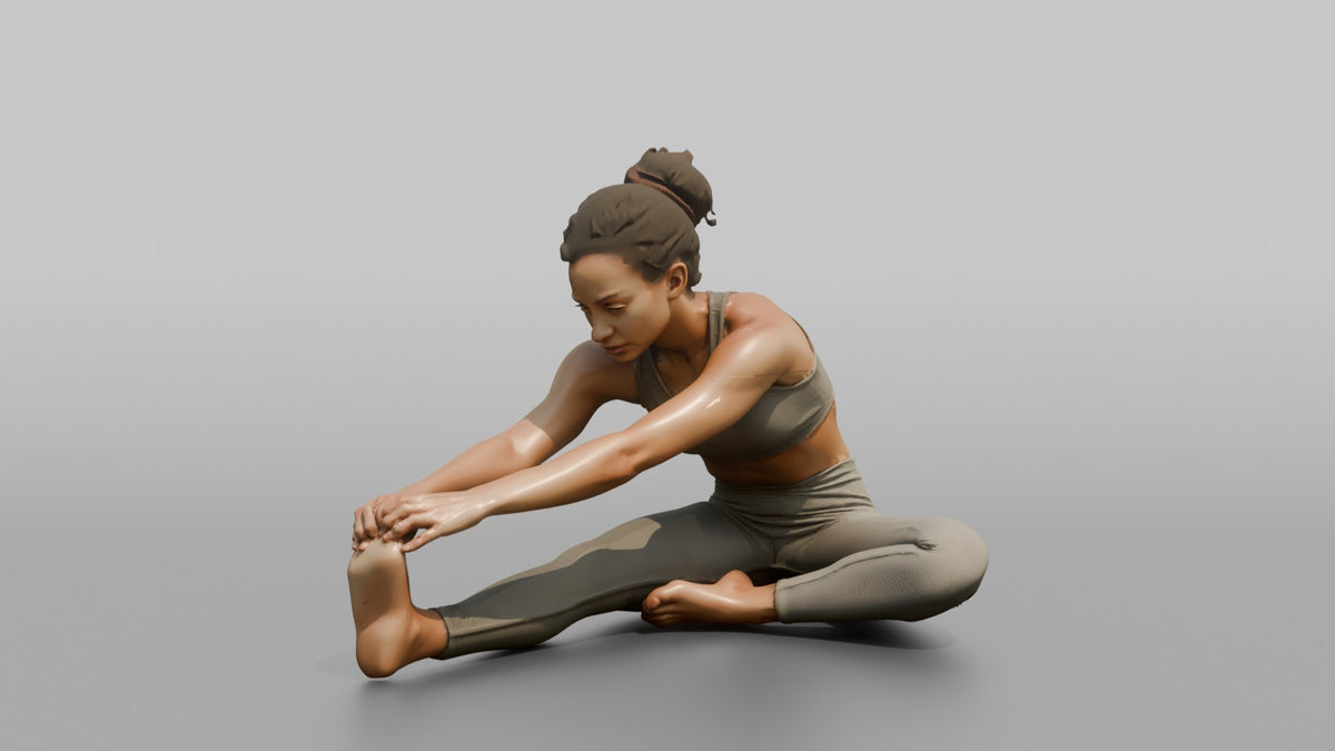 Fitness Influencer Woman Stretching One Leg Forward, Hands Reaching Toward The Foot - 3D character model, view 5