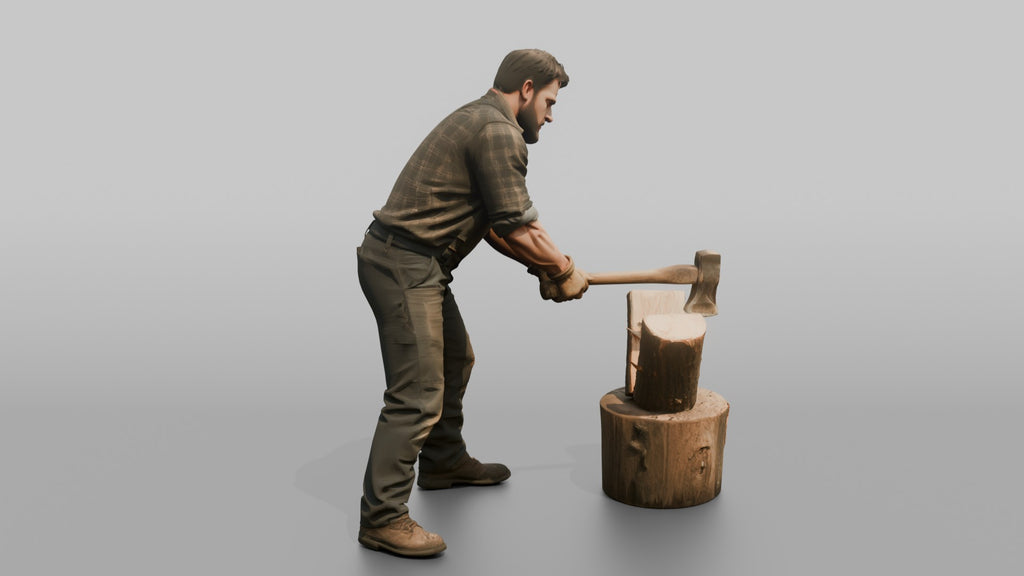 Farmer Swinging Heavy Splitting Maul Into Firewood