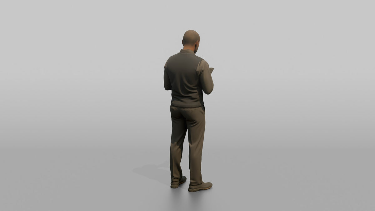 Man Sales Associate Holding A Tablet, Checking Something On The Screen - 3D character model, view 3
