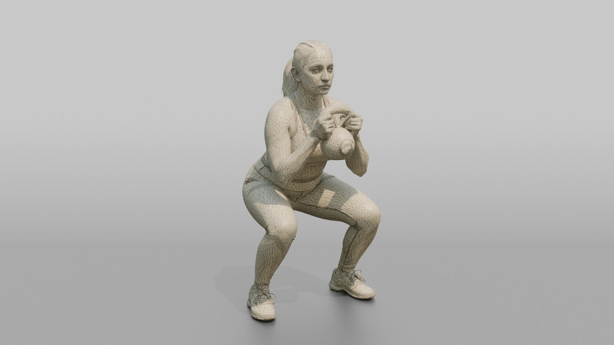 Weightlifter Woman Holding A Kettlebell In A Goblet Squat Position - wireframe topology preview