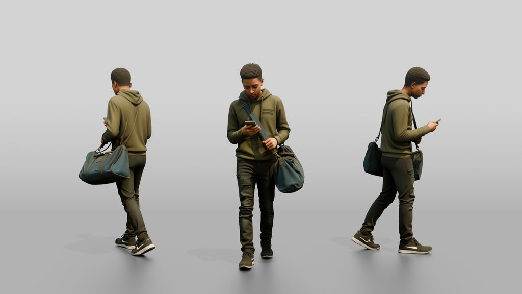Young Black Man Walking and Looking at Phone with Duffel Bag