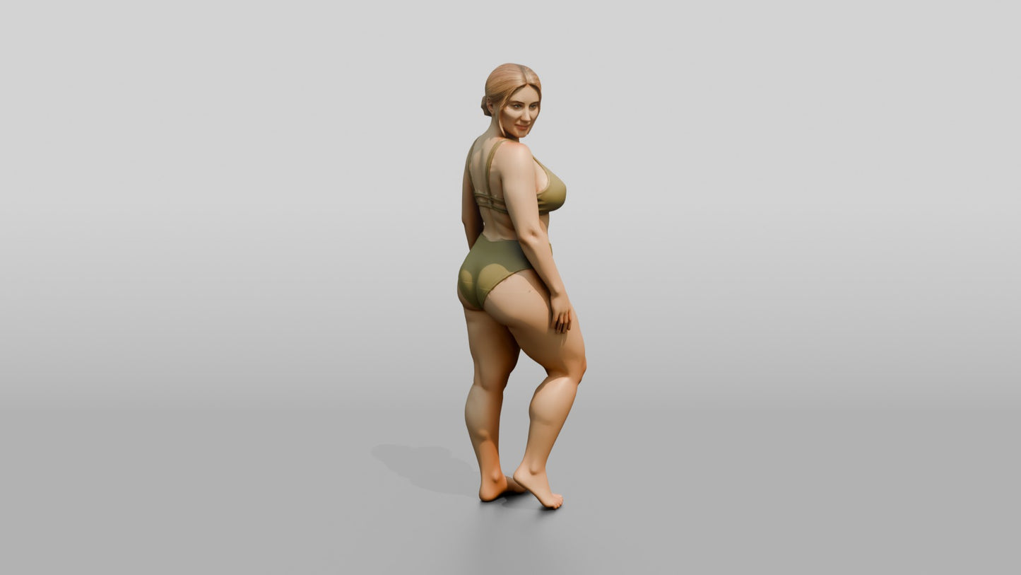 Curvy Woman in Olive Two-Piece Swimsuit Standing