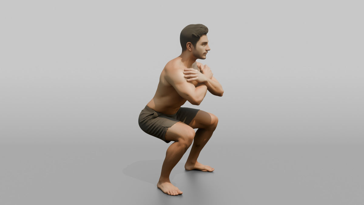 Bodyweight Athlete Man Holding A Deep Squat Position, Arms Crossed - 3D character model, view 2