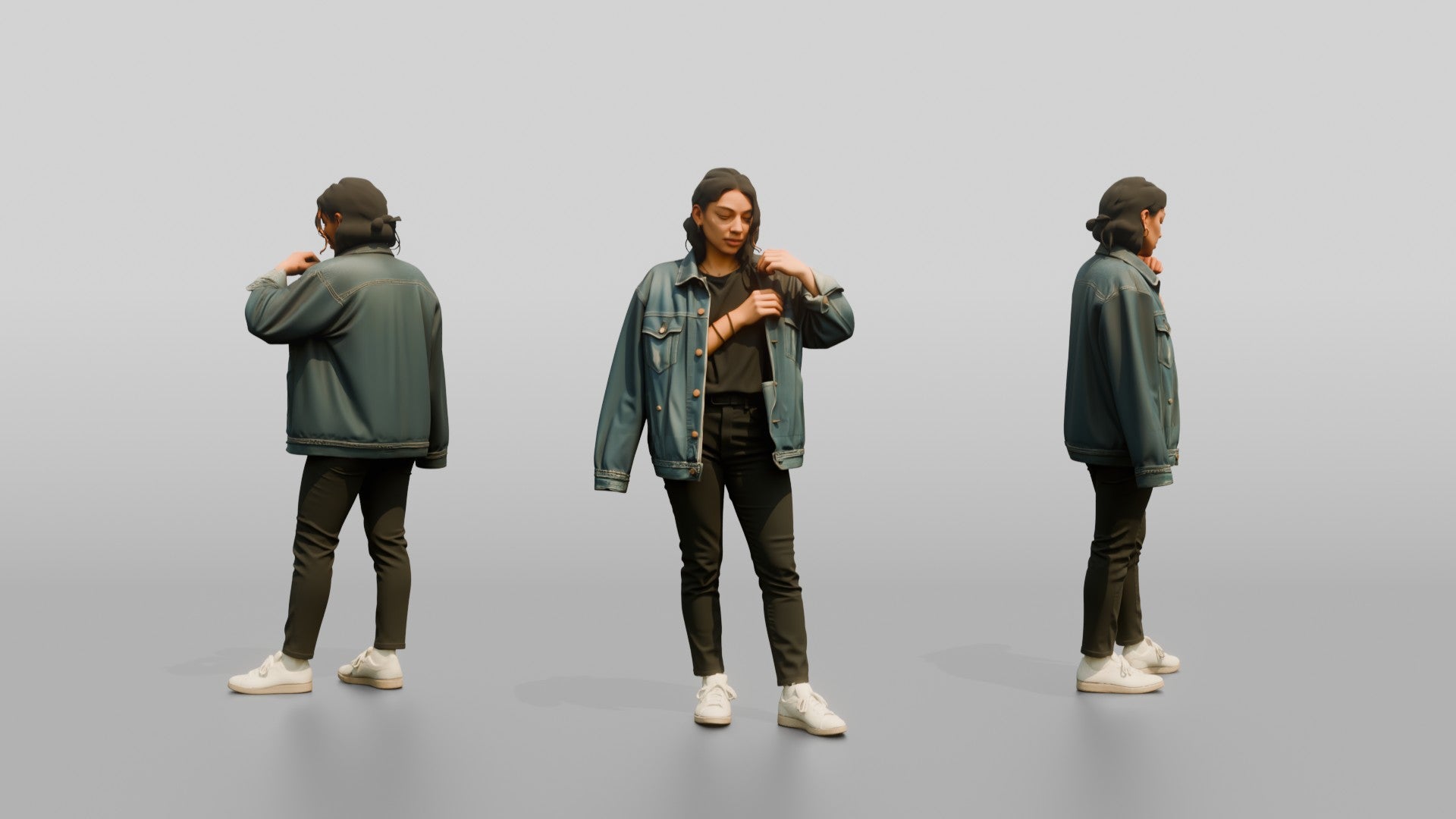 Homeless Woman Adjusting an Oversized Denim Jacket